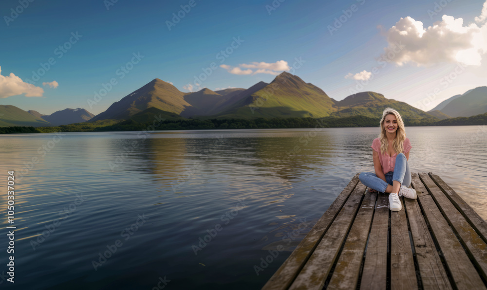 Fototapeta premium Happy young woman sitting on a wooden pier by a calm lake with green mountains and a clear sky at sunset