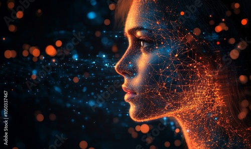 Artificial Intelligence Digital Face with Glowing Neural Networks and Data Connections in Futuristic Technology Concept, Generative AI