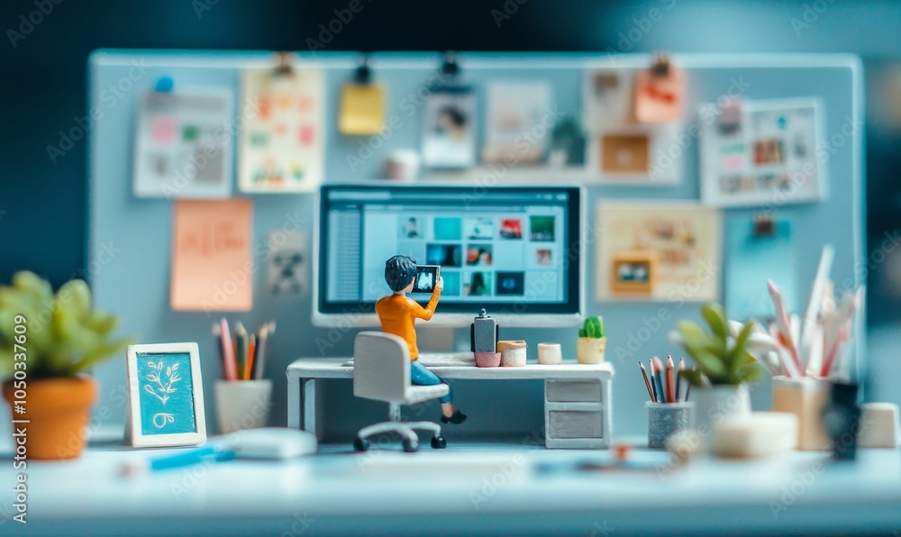 Tiny figurine working at computer desk. Tiny figurine working at computer desk.