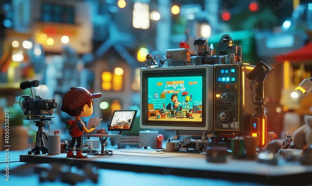Toy figurine filming on a miniature set. Toy figurine filming on a miniature set.
