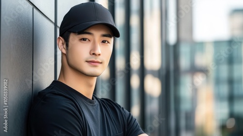 A young Asian man leans casually against a sleek urban building while wearing a stylish cap