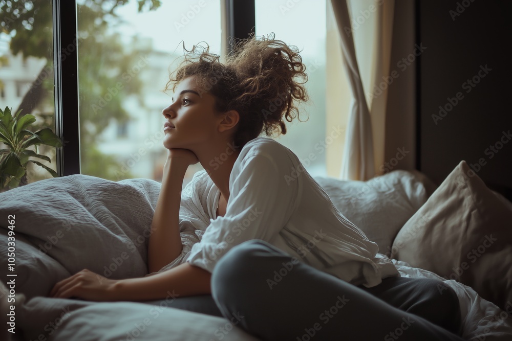 A woman in a relaxed pose gazes thoughtfully outside the window, highlighting her contemplative mood indoors. A woman in a relaxed pose gazes thoughtfully outside the window, highlighting her contemplative mood indoors.
