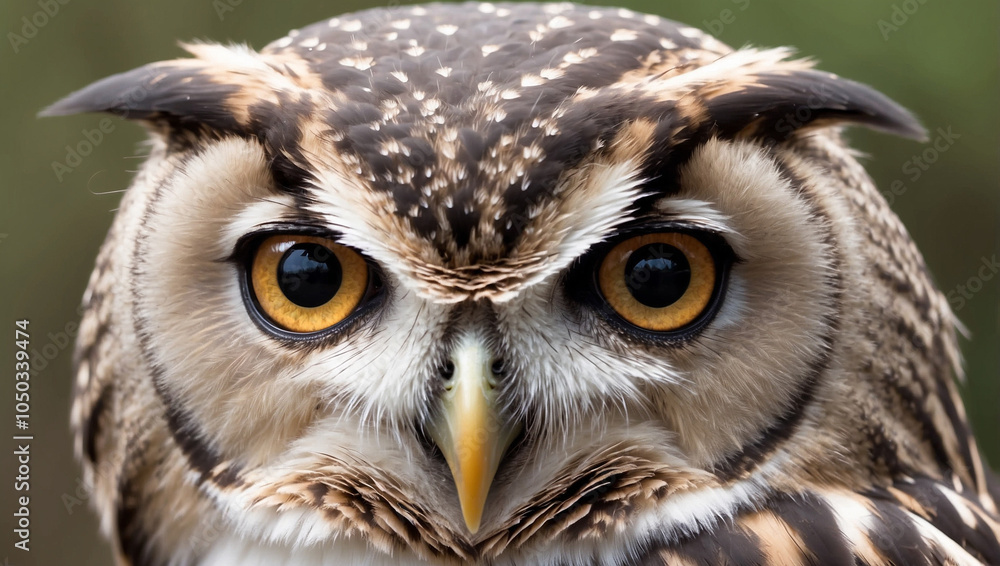 Fototapeta premium Close-up portrait of an owl with piercing yellow eyes and intricate brown and white feathers.