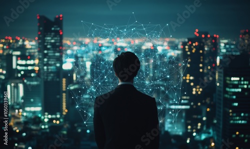 Wallpaper Mural Businessman Leveraging AI and Digital Wireframe for Global Network Strategy in Smart City at Night, Generative AI Torontodigital.ca