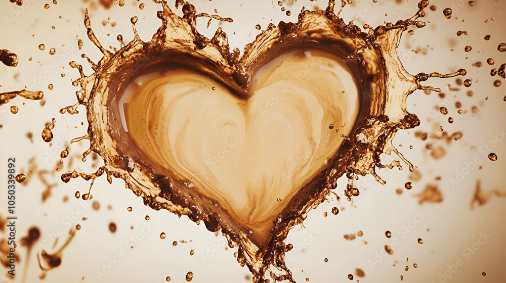 a heart shape formed by a splash of coffee or a similar brown liquid on a light background , The liquid creates dynamic, flowing edges around the heart, giving it a natural and energetic appearance a heart shape formed by a splash of coffee or a similar brown liquid on a light background , The liquid creates dynamic, flowing edges around the heart, giving it a natural and energetic appearance