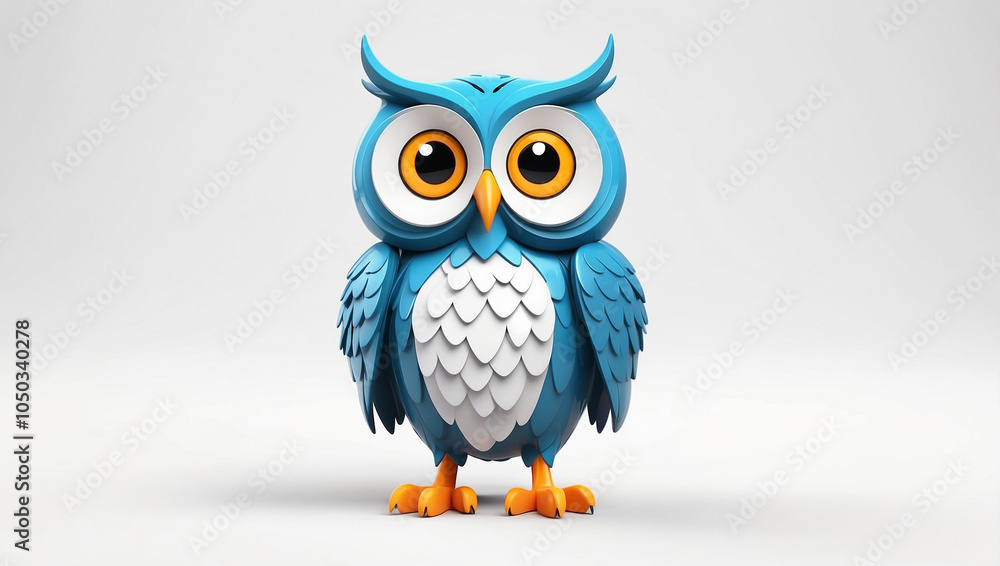 Obraz premium Cute blue owl cartoon with big eyes on a white background.