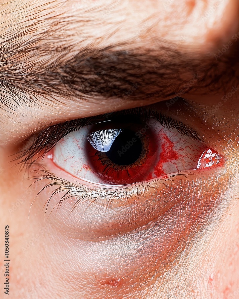 Fototapeta premium Close-up of an eye with red irritation, detail of eyelid and lashes, isolated against a white background.