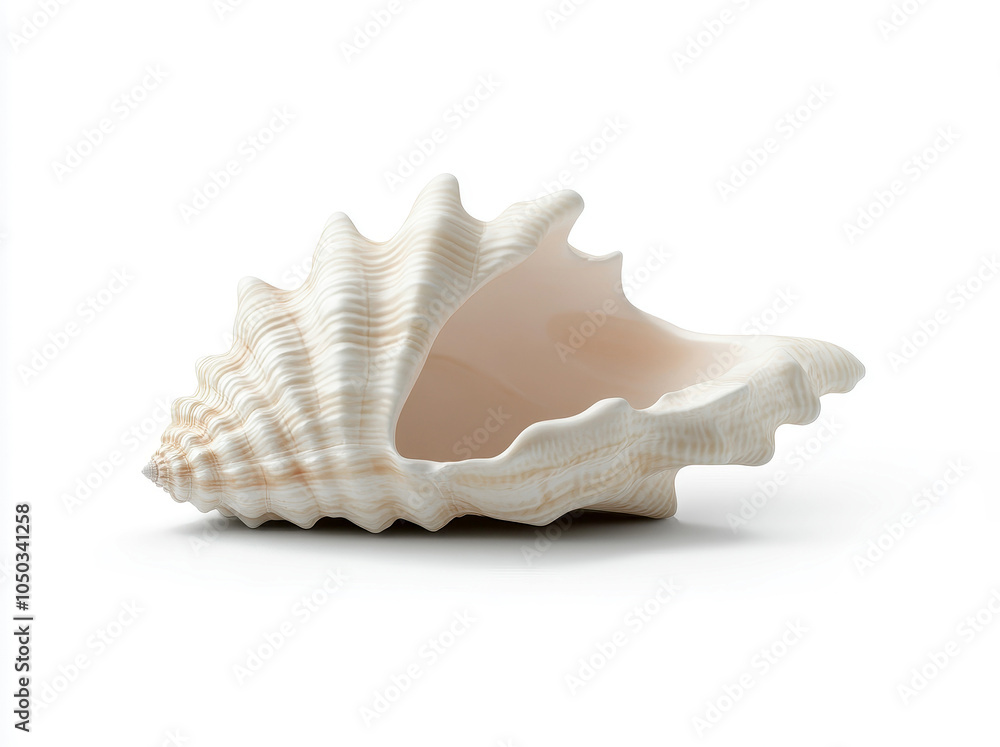 Realistic white seashell with intricate details on white background Realistic white seashell with intricate details on white background