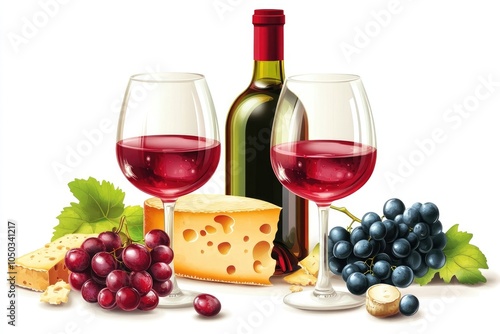 Wine and Cheese Illustration: Glass, Grape, Bottle on White Background illustration