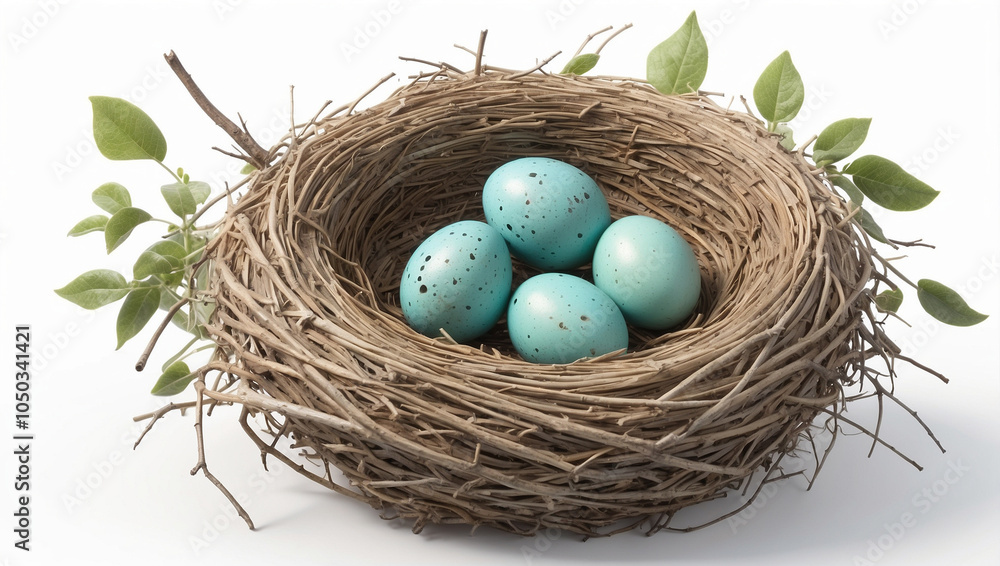 Four light blue speckled bird eggs in a woven nest with green leaves. Four light blue speckled bird eggs in a woven nest with green leaves.