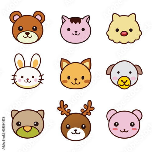 Cute Kawaii Animal Face Vector Set for Kids Stickers and Digital Designs