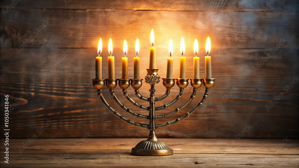 Fototapeta premium Lit Hanukkah menorah on wooden table against rustic background