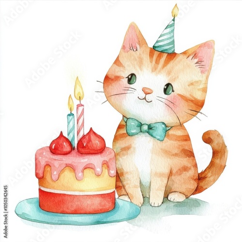 Adorable orange cat with a birthday cake, party hat, and candles, perfect for celebrations and cute themes. photo