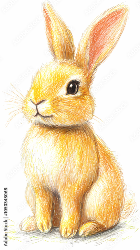 Obraz premium A cute, easy drawing of a rabbit for kids, with a round face, big floppy ears, and a tiny nose. The rabbit has simple oval eyes and a happy smile, sitting with small paws and a fluffy tail.