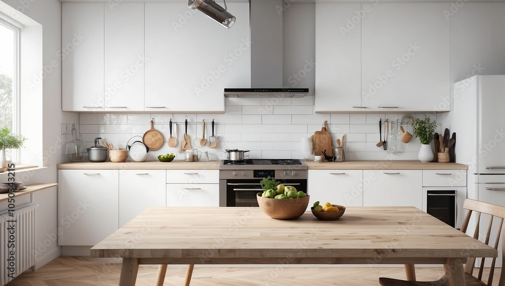 Minimalist white kitchen with wooden table and natural elements. Minimalist white kitchen with wooden table and natural elements.