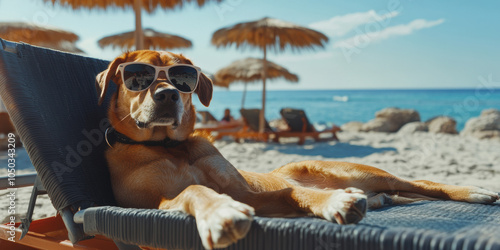 Dog in Sunglasses Relaxing on Beach Lounging Chair photo