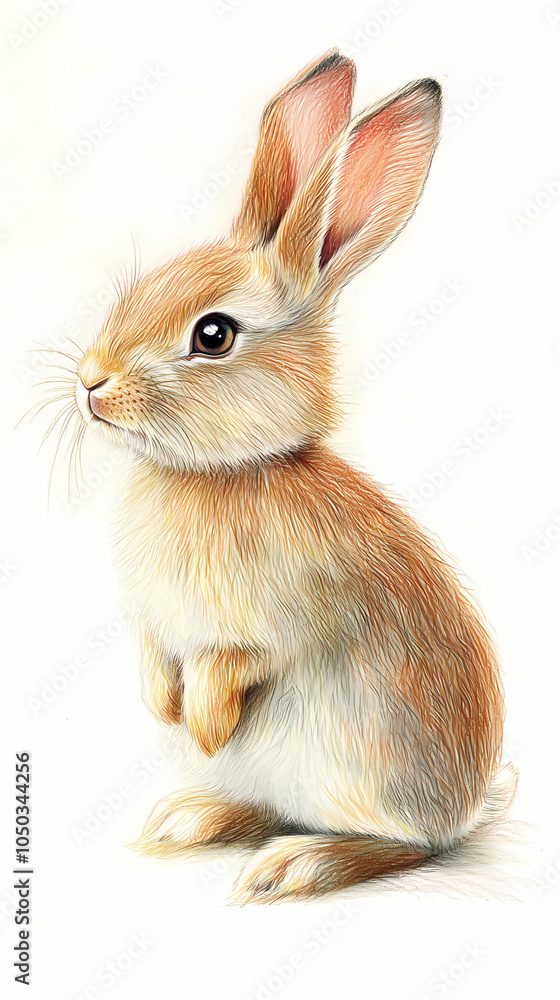 Obraz premium A cute, easy drawing of a rabbit for kids, with a round face, big floppy ears, and a tiny nose. The rabbit has simple oval eyes and a happy smile, sitting with small paws and a fluffy tail.
