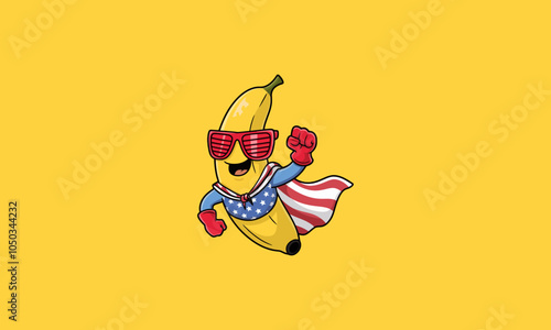 Superhero banana with sunglasses and an American cape.