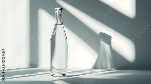 Blank mockup template of a product label on a glass bottle of sparkling mineral water, soft shadows cast.