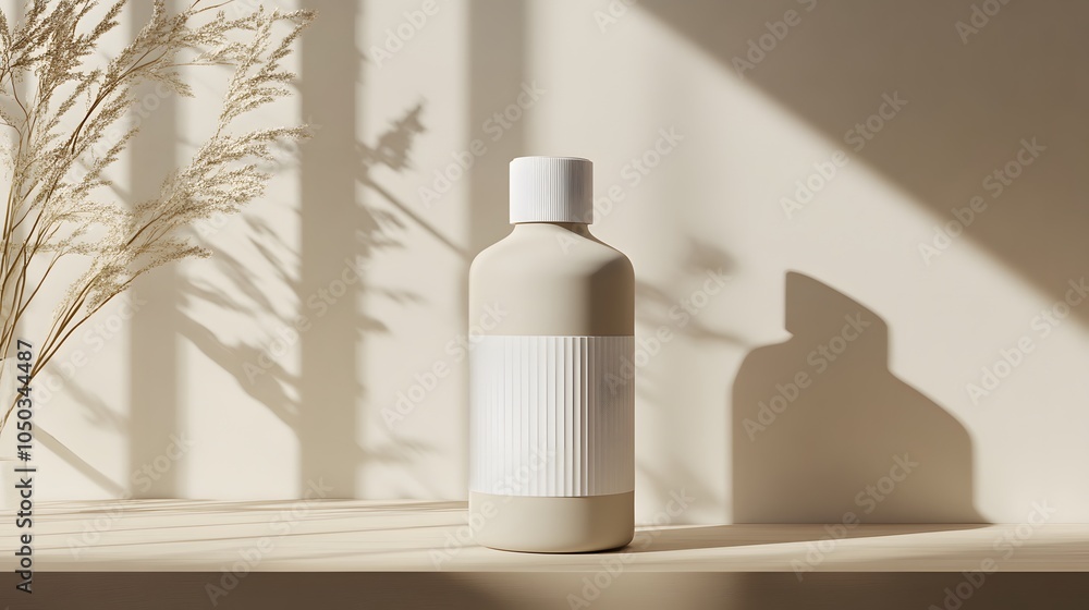 Blank mockup template of a product label on a matte ceramic bottle with minimalist decor and soft shadows.