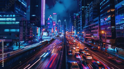 A futuristic cityscape at night with neon lights and bustling traffic, Urban setting with advanced technology, Sci-fi style