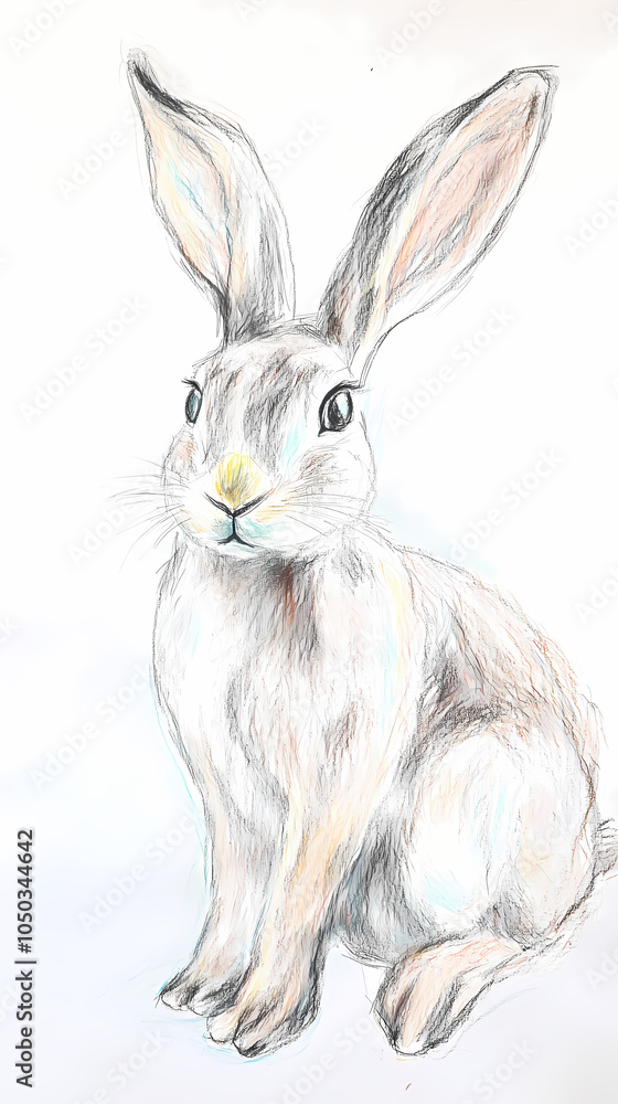 Obraz premium A cute, easy drawing of a rabbit for kids, with a round face, big floppy ears, and a tiny nose. The rabbit has simple oval eyes and a happy smile, sitting with small paws and a fluffy tail.