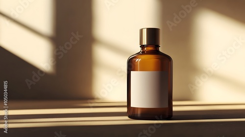 Blank mockup template of a product label on a dark amber bottle with metallic accents, soft shadows and light reflections.