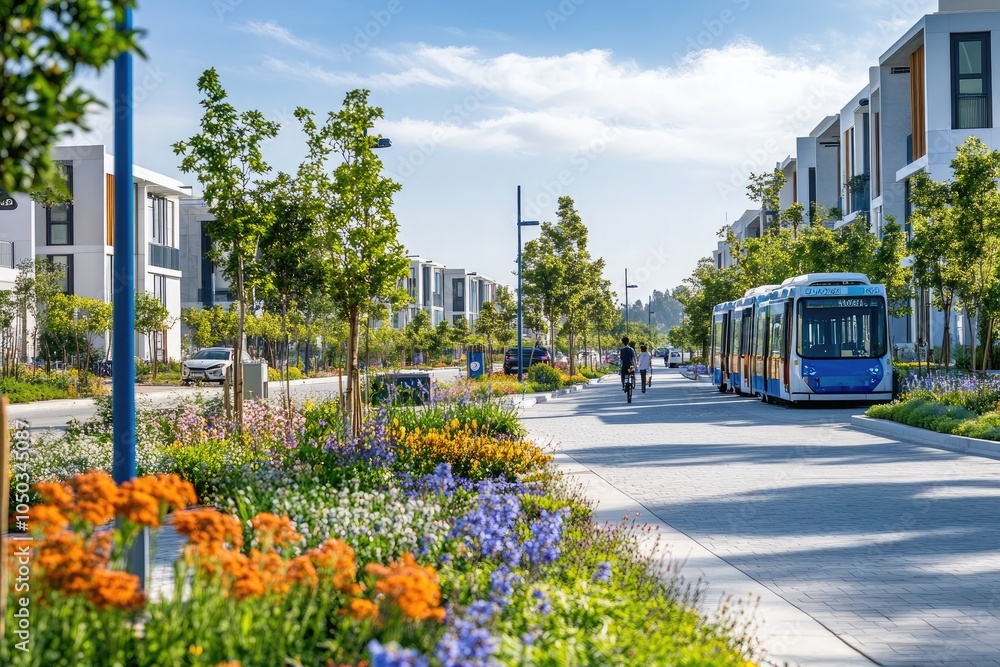 A sustainable urban neighborhood with car-free zones, electric public transport, and pedestrian-friendly walkways lined with native trees and flowering plants.
