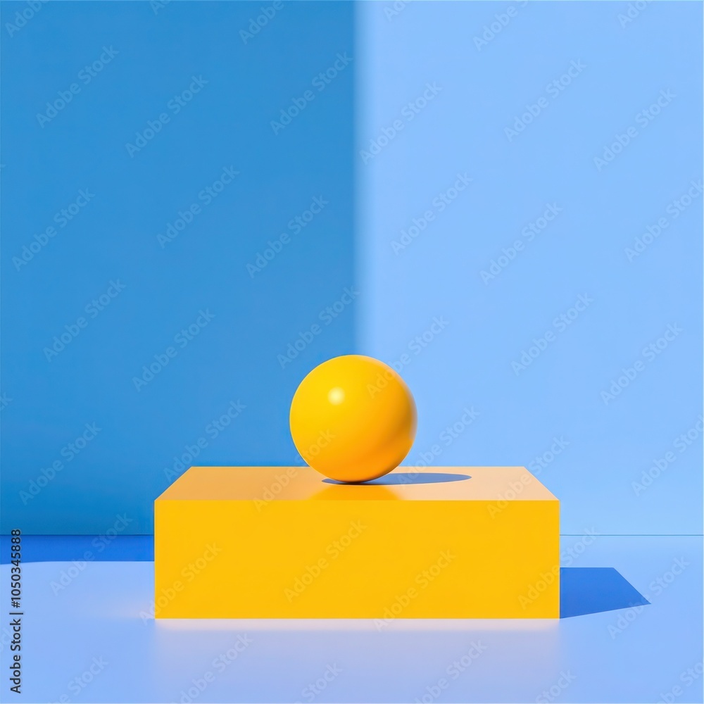 Yellow Sphere Balanced on Cube Edge - Geometric Abstract 3D Illustration on Blue Background Yellow Sphere Balanced on Cube Edge - Geometric Abstract 3D Illustration on Blue Background