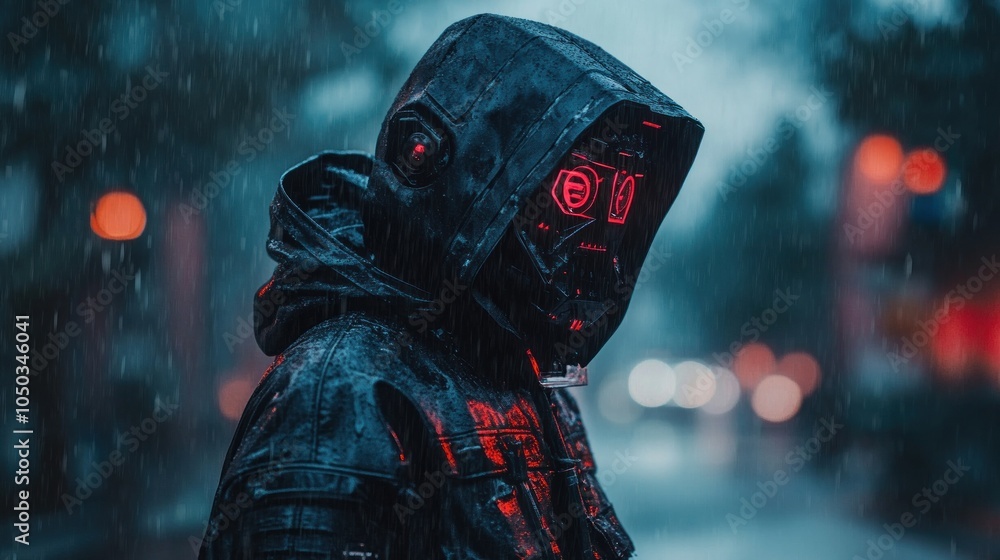 A futuristic figure in a dark, rain-soaked environment with glowing elements. A futuristic figure in a dark, rain-soaked environment with glowing elements.