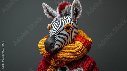 Stylish Zebra Figure in Oversized Colorful Coat and Knitted Scarf: A Playful Art Piece Perfect for Sports Interior Posters and Vibrant Home Decor