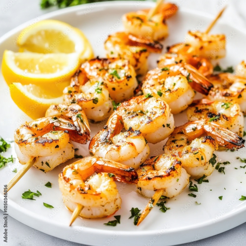 A beautifully arranged plate of grilled shrimp skewers with a side of jasmine rice and sautéed vegetables, presented on a white dish, Shrimp skewers centered A beautifully arranged plate of grilled shrimp skewers with a side of jasmine rice and sautéed vegetables, presented on a white dish, Shrimp skewers centered
