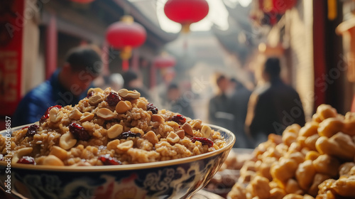 Laba Festival, people gather in traditional Chinese homes, enjoying a big bowl of Laba porridge filled with nuts and dried fruits, Ai generated images photo