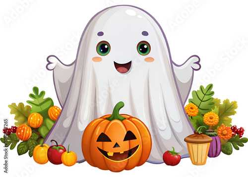 Halloween pumpkin and cute ghost with Halloween decoration on transparent background 