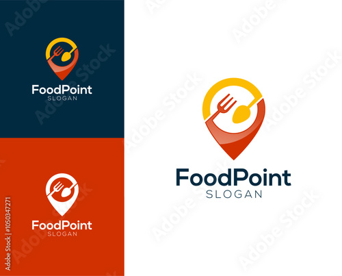 Food point logo. Cultery with pin location  vector logo design.