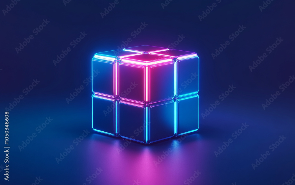 Glowing cube with neon lights on a dark background. Glowing cube with neon lights on a dark background.