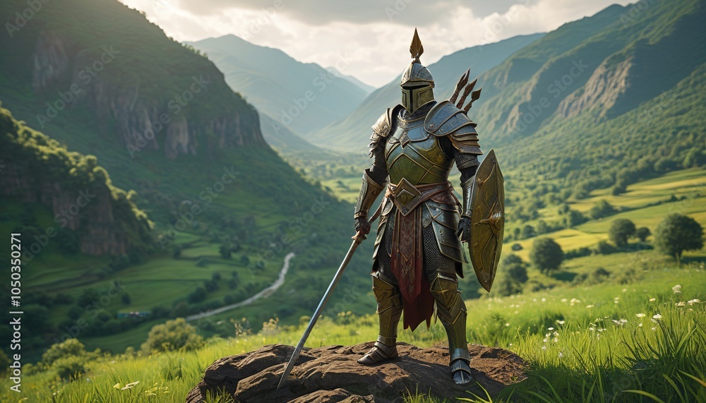 Naklejka premium A giant adorned in ancient armor, wielding a gigantic spear, standing proudly in a lush, green valley, ready to protect its homeland, Generative AI