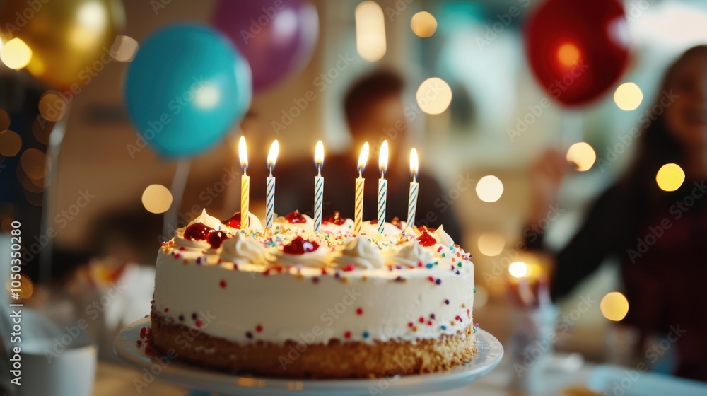 Birthday cake with lit candles on top. Festive beautifully decorated cake with colorful sprinkles and white frosting on blurred background with colorful balloons, people and warm, glowing lights Birthday cake with lit candles on top. Festive beautifully decorated cake with colorful sprinkles and white frosting on blurred background with colorful balloons, people and warm, glowing lights