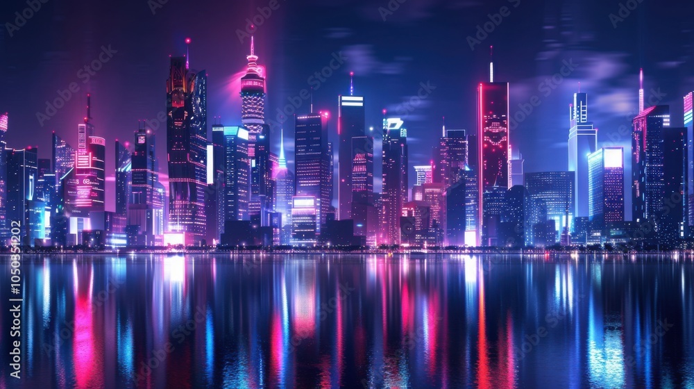 Fototapeta premium A futuristic cityscape with towering skyscrapers and neon lights reflecting on water, Sci-fi setting with advanced technology, Neon style