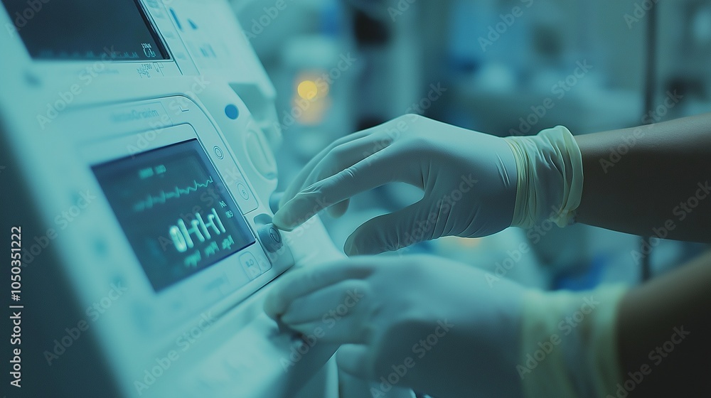 hospital monitor. Gloved hand adjusting the settings on ventilator machine hospital monitor. Gloved hand adjusting the settings on ventilator machine