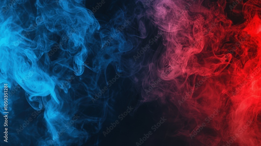 Obraz premium Blue red black smoke, fog, steam, cloud, sky background. Realistic smoky mist, toxic vapor, gas exploding, water evaporation. Magic smoke or fog backdrop for Halloween celebration