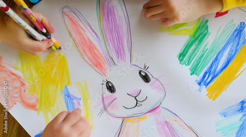A cute, easy drawing of a rabbit for kids, with a round face, big floppy ears, and a tiny nose. The rabbit has simple oval eyes and a happy smile, sitting with small paws and a fluffy tail.
