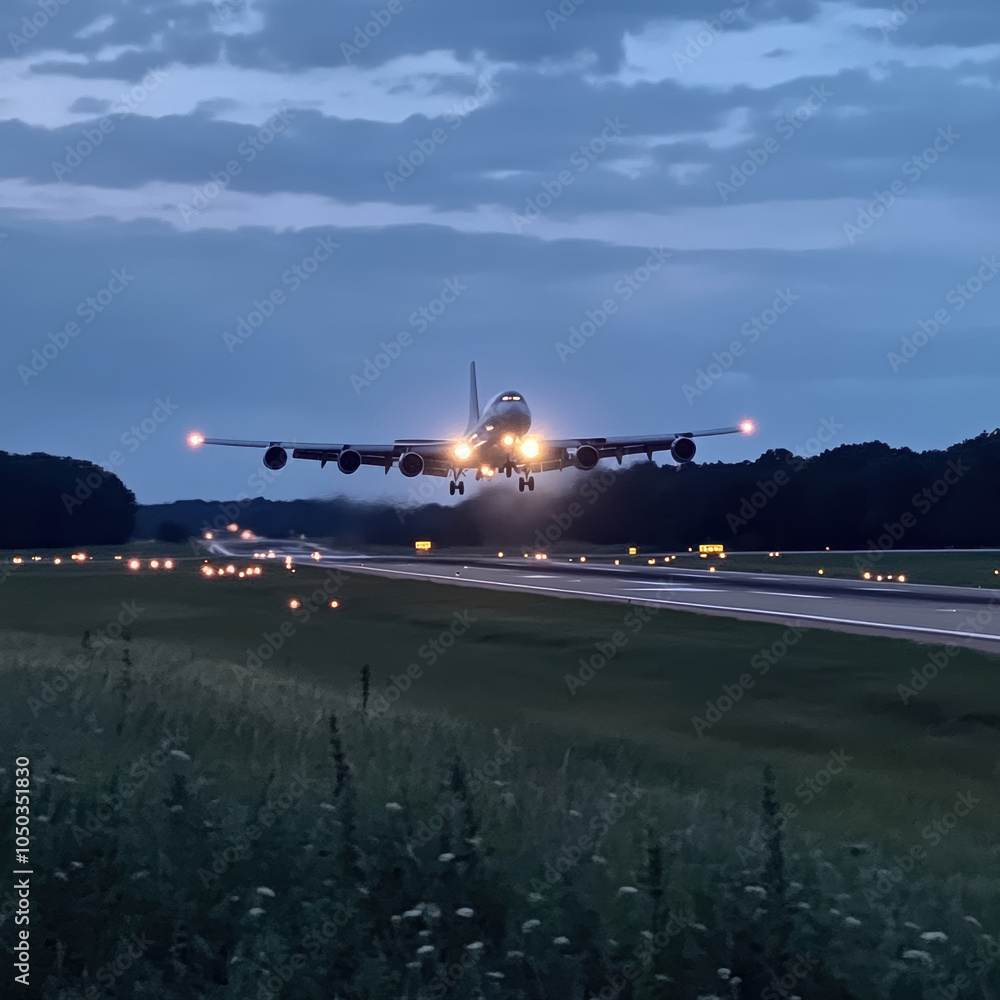 Fototapeta premium Aircraft Landing at Twilight on Runway Lane