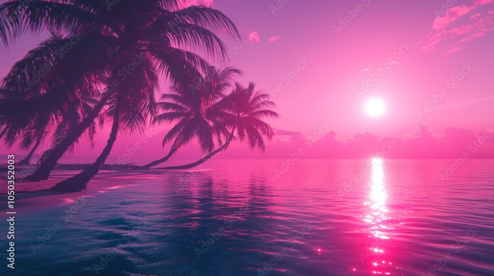 A serene sunset over a tropical beach with palm trees and vibrant pink hues. A serene sunset over a tropical beach with palm trees and vibrant pink hues.