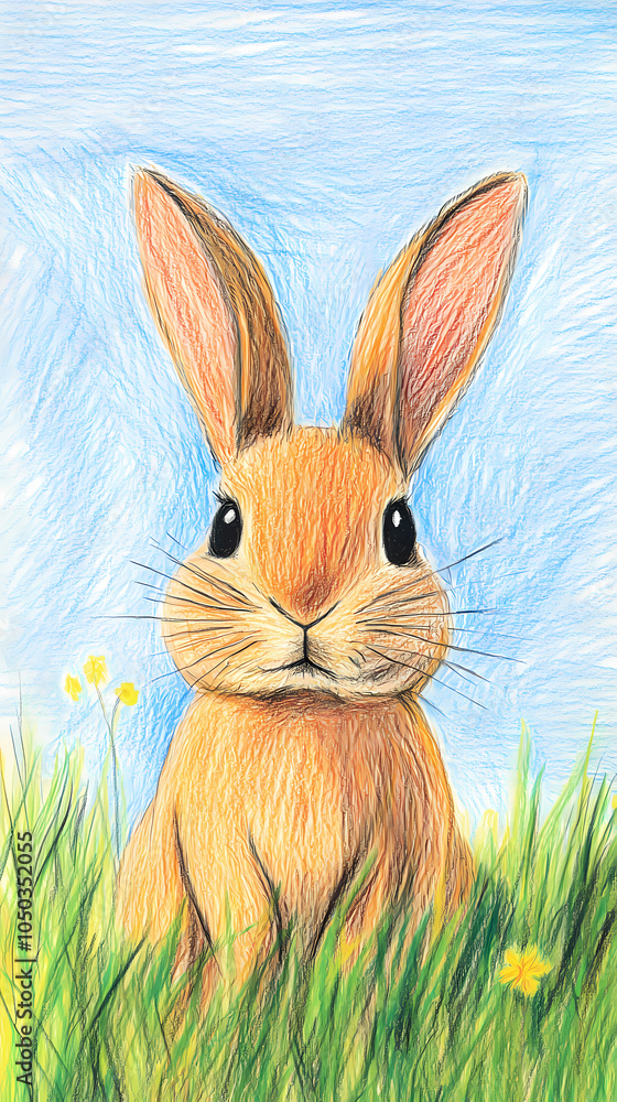 Obraz premium A cute, easy drawing of a rabbit for kids, with a round face, big floppy ears, and a tiny nose. The rabbit has simple oval eyes and a happy smile, sitting with small paws and a fluffy tail.