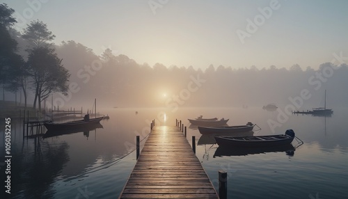 A serene dock enveloped in thick morning fog, with silhouettes of boats appearing mysteriously in the distance, creating an ethereal atmosphere, Generative AI photo