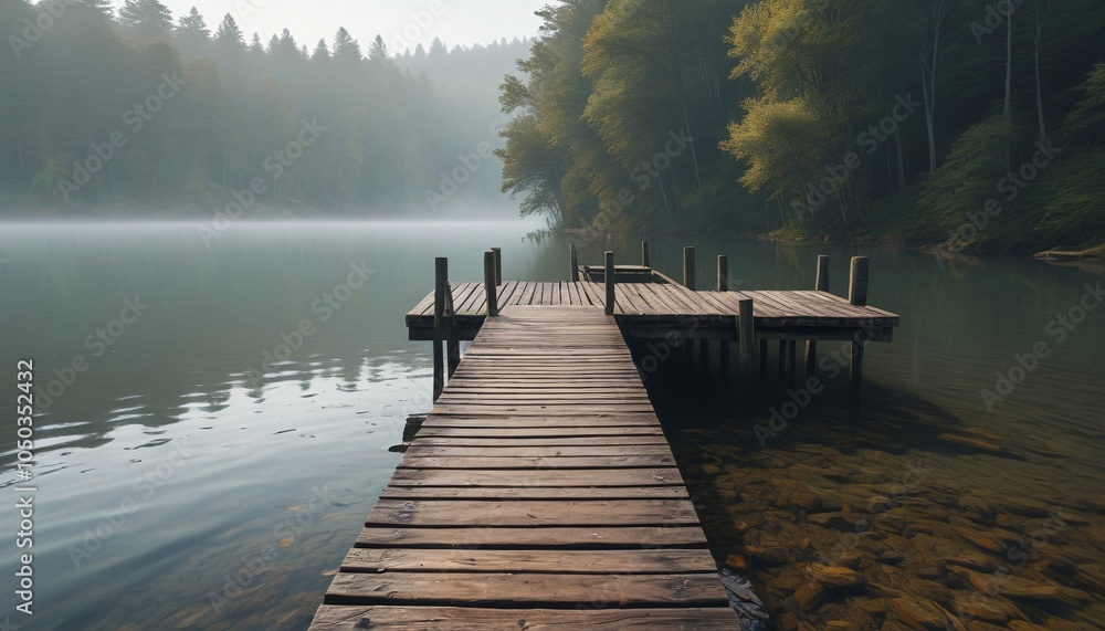 Obraz premium A weathered dock extending into a thick mist, where the faint sounds of water lapping against the wood create a soothing symphony of nature, Generative AI