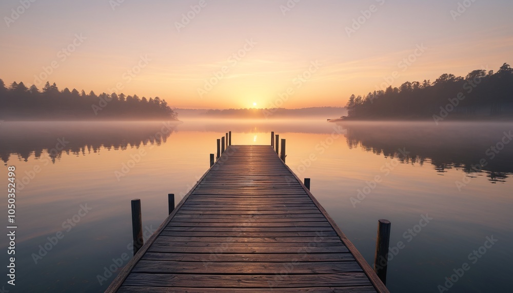 Obraz premium A picturesque dock at sunrise, surrounded by a blanket of fog that gently rolls over the water, creating a dreamlike and magical ambiance, Generative AI