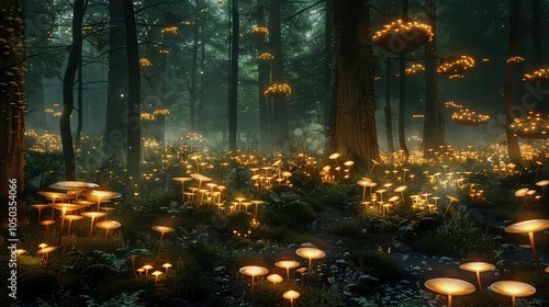 A glowing forest at night with bioluminescent mushrooms and glowing trees.