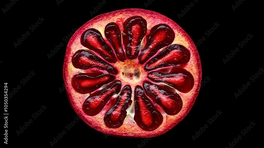 Fototapeta premium Fresh ripe pomegranate on black background, top view. Space for text 